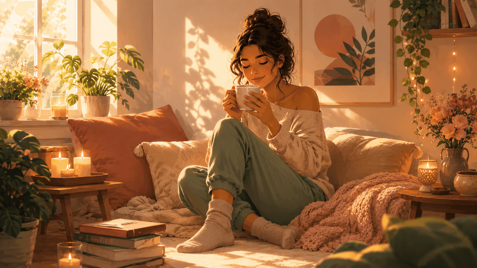 Woman enjoying tea in a bright, cozy living room