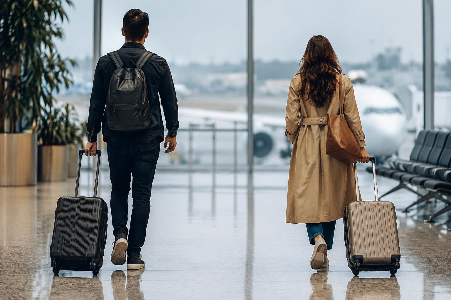 Couple with rolling suitcases walks separately through an airport terminal, illustrating the viral airport divorce travel trend.