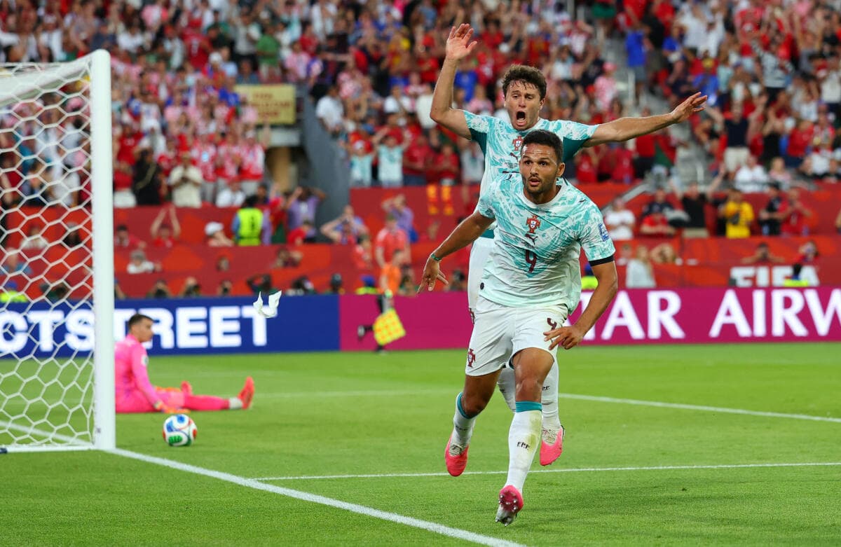 Goncalo Ramos celebrates his stoppage-time winning goal for Portugal against Croatia during the FIFA World Cup 2026 last-16 match, as Portugal secure a dramatic 2-1 victory.
