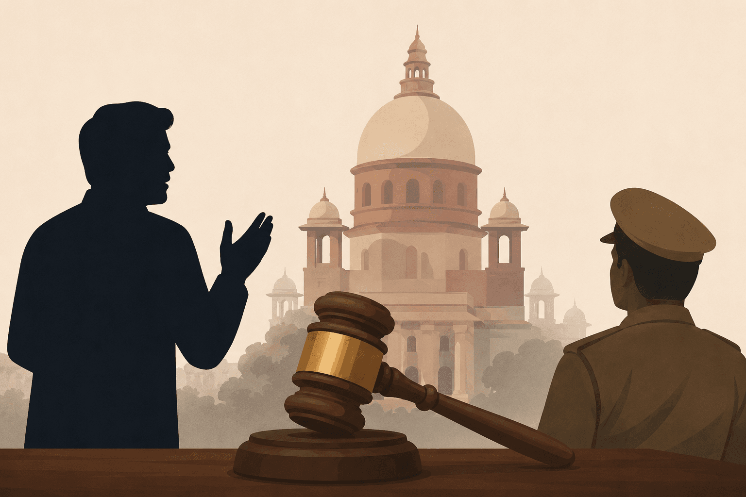 Minimal illustration of a judge's gavel, courthouse and police officer symbolising the Madras High Court denying bail to DMK MLA Anitha R. Radhakrishnan in the Joseph Vijay remarks case.