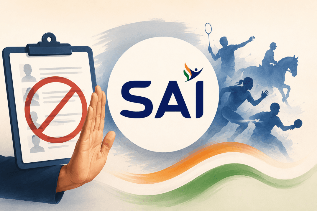 SAI logo with athlete silhouettes illustrating the Sports Authority of India's directive to withhold Asian Games squad announcements pending government approval.