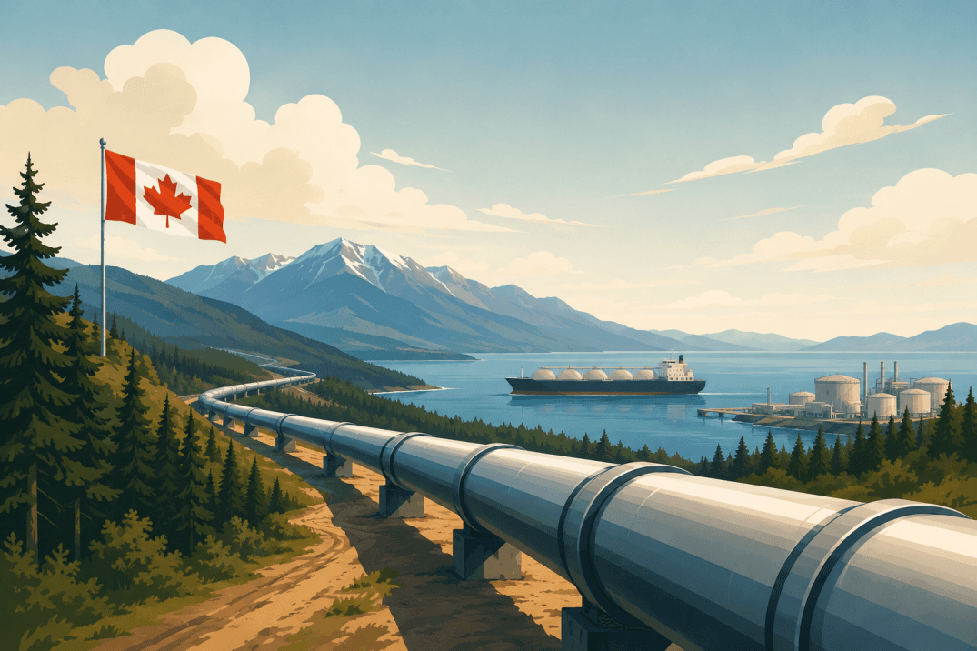 Illustration of a pipeline crossing the Canadian landscape to a Pacific export terminal with mountains, forests, a tanker and the Canadian flag.