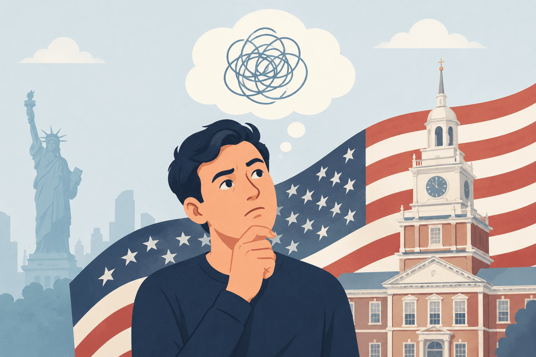 Illustration of America's 250th anniversary with US flag, Statue of Liberty and a puzzled person, symbolising the meaning of semiquincentennial and America250.