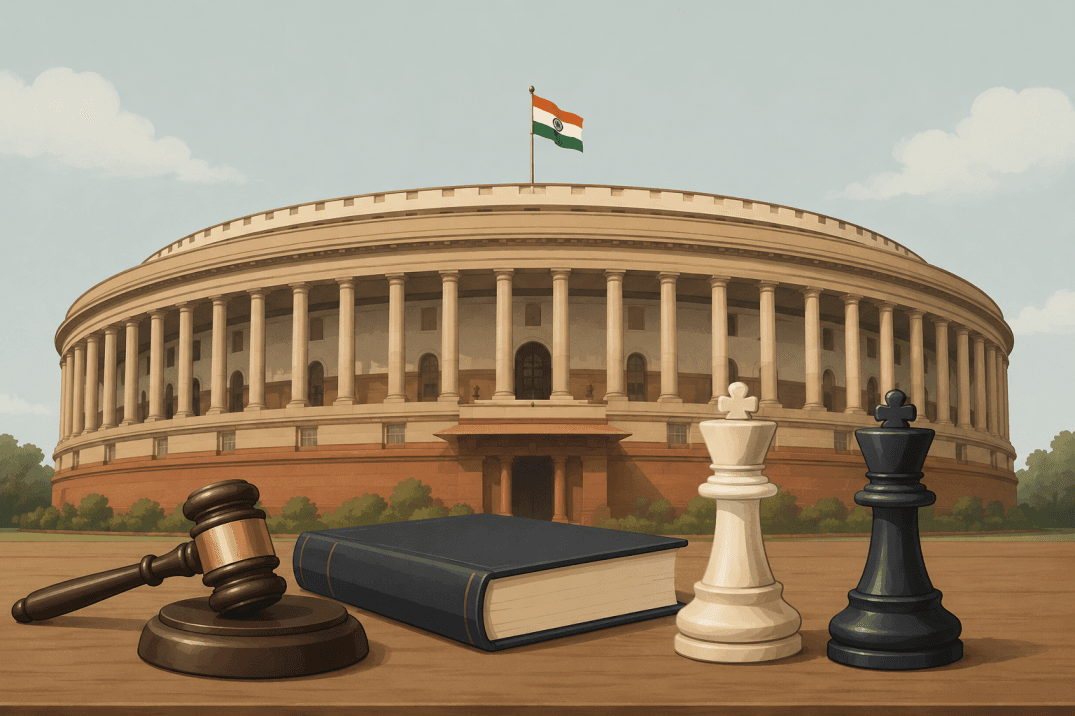 Illustration of the Indian Parliament building with a gavel and law book, symbolising the upcoming Parliament monsoon session and proposed constitutional bill.