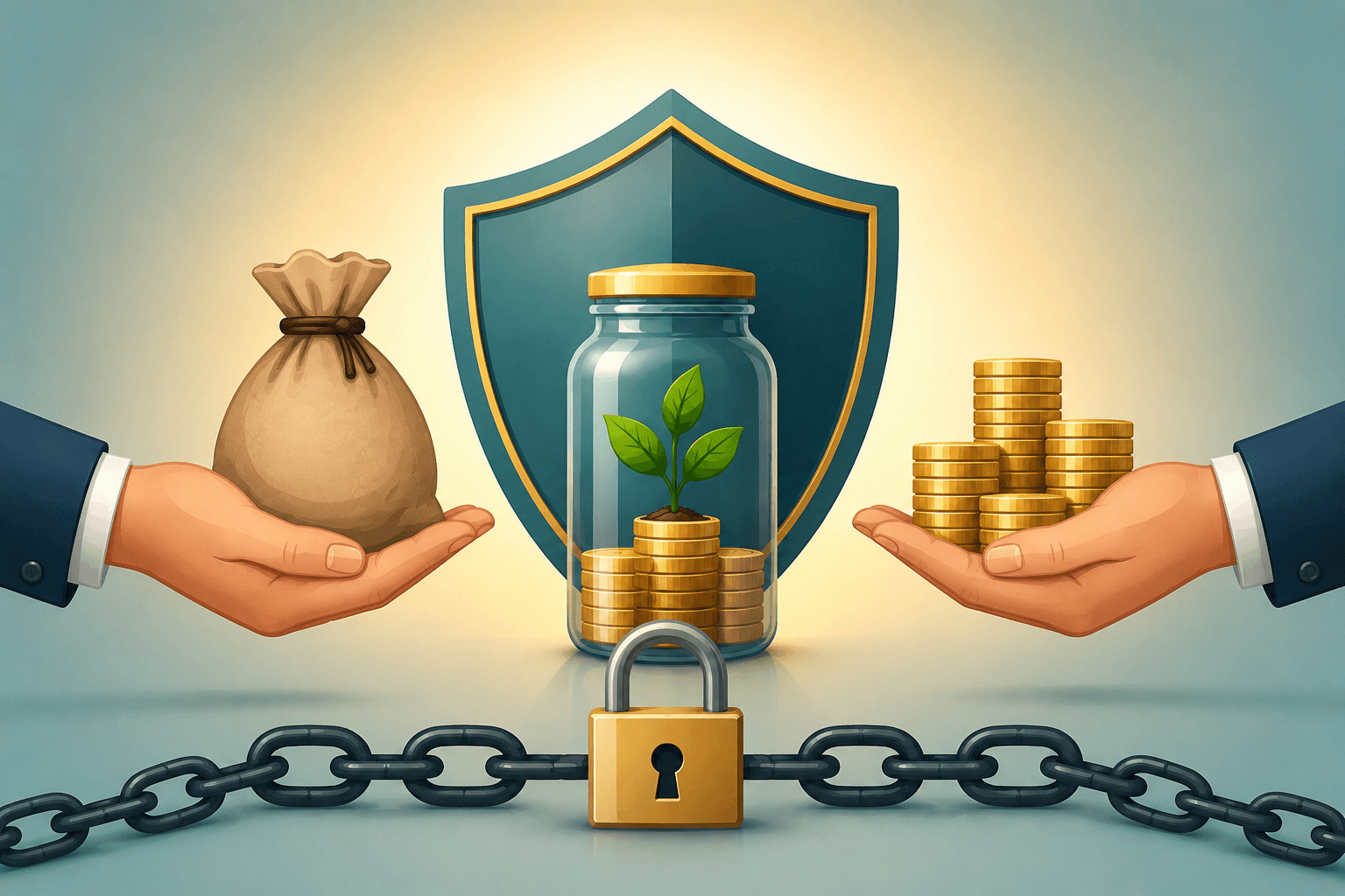 Illustration of a loan against ELSS with locked savings, coins and a shield symbolising borrowing against mutual fund investments after the lock-in period.