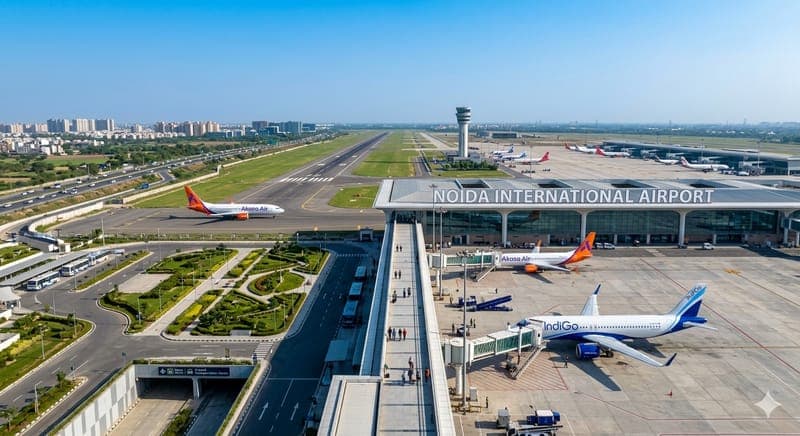 Aerial view of Noida International Airport terminal with parked aircraft, runway, and air traffic control tower under a clear blue sky.