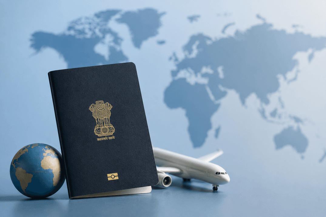Indian passport ranking illustration with passport, globe and airplane representing the Global Passport Index 2026.