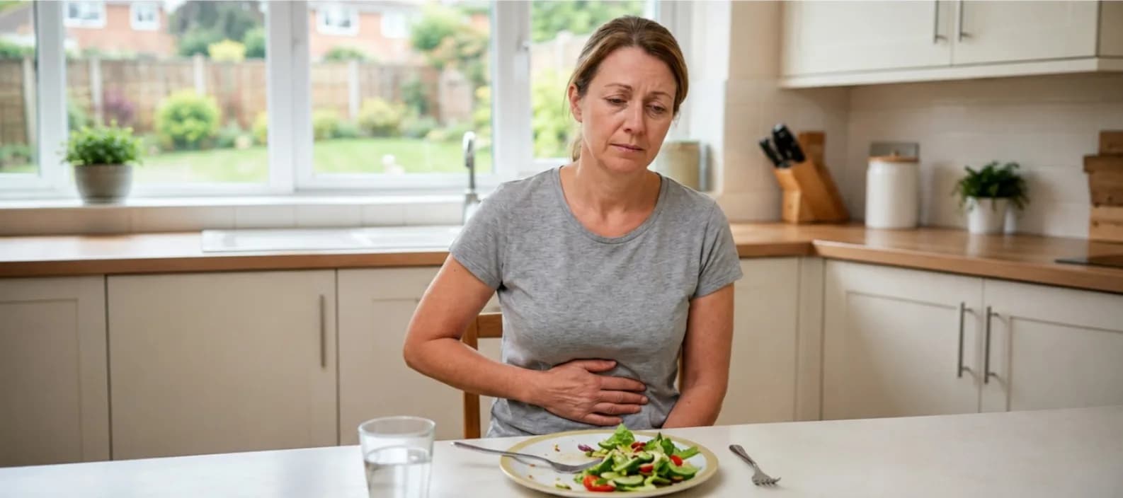 A person experiencing stomach pain while holding their abdomen