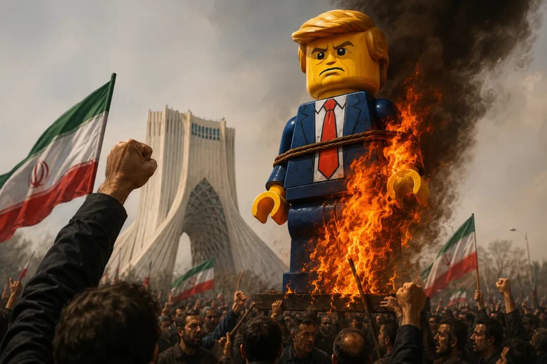 Trump’s ‘Lego’ effigy set ablaze at Khamenei funeral while chants of ‘Death to America’ ring out